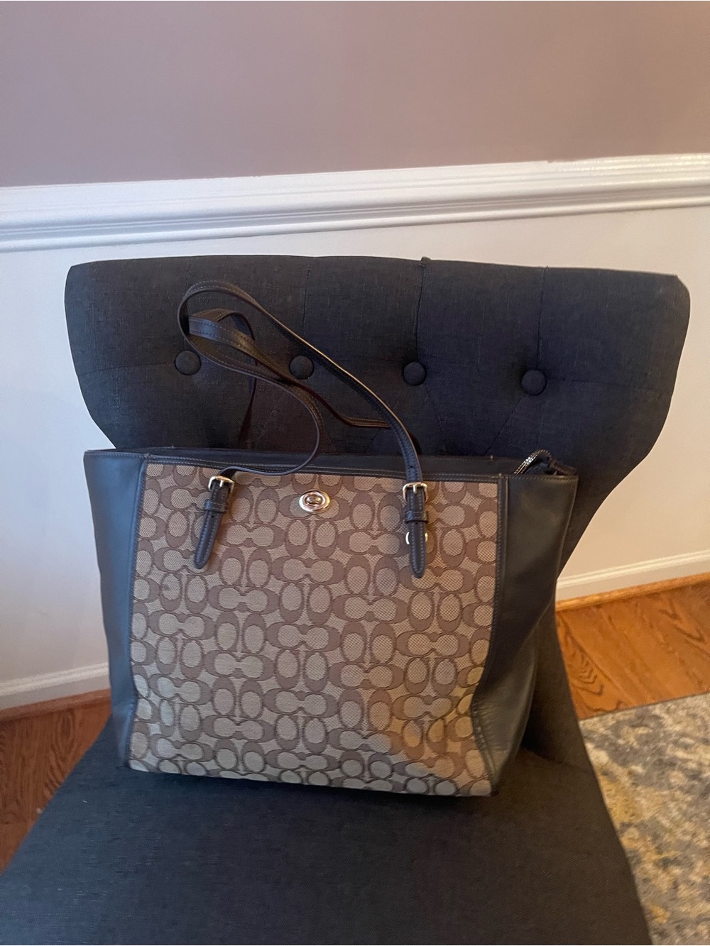 Coach Signature Monogram Brown and Black Turnlock Tote